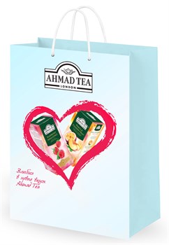 Подарочный голубой пакет от "Ahmad Tea" "Влюбись в новые вкусы", маленький, размеры 250*350*120 - фото 7051